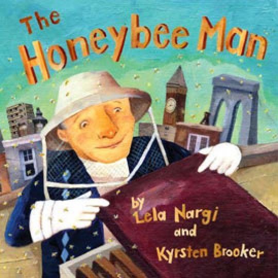 illustrated cover of "The Honeybee Man" showing a man in a bee keeper's outfit