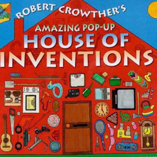 cover of "House of Inventions" showing a house with items on the wall, like a saw, a lawnmower, and a clock