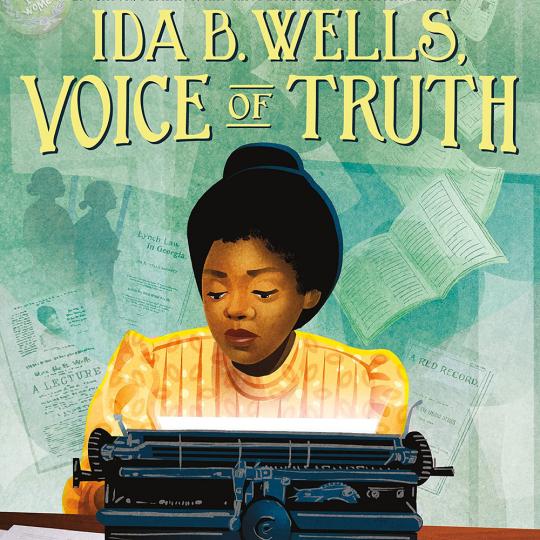 Ida B. Wells at her typewriter in illustrated book cover