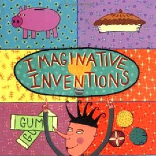 illustrated cover of "Imaginitive Inventions" showing a piggy bank, a pie, and gum behind a jester