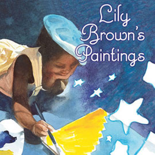 painted cover of Lily Brown's Paintings showing a young girl with backpack and a blue hat painting.