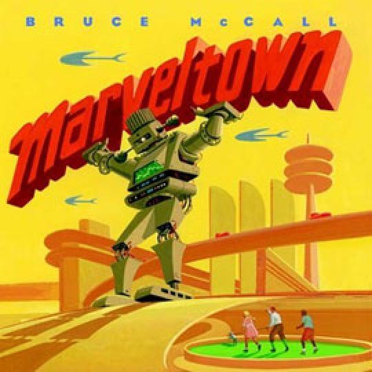 cover of "Marveltown" showing giant robot holding up book title