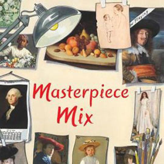illustrated cover of Masterpiece Mix showing articulating lamp with clippings of famous art on wall behind it