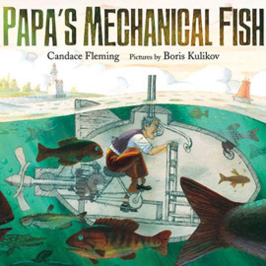 cover of "Papa's Mechanical Fish" showing man in fish-shaped submarine