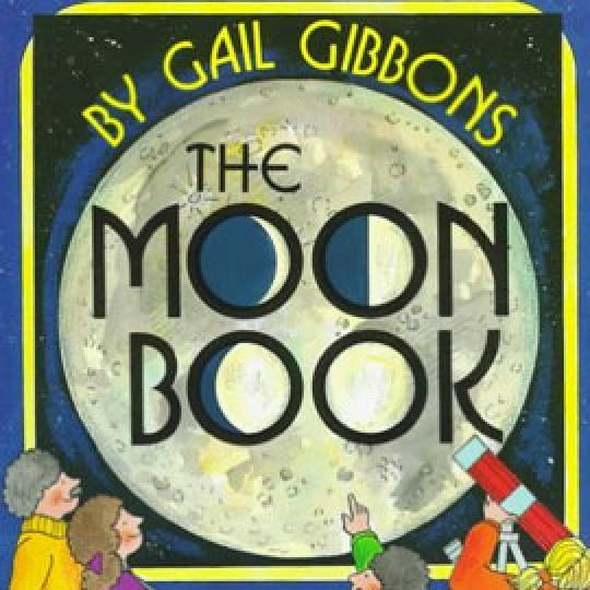 illustrated cover of "The Moon Book" showing people looking at a giant moon