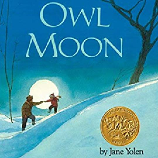 illustrated cover of Owl Moon showing an adult and child on a snowy hill with the moon in the background.