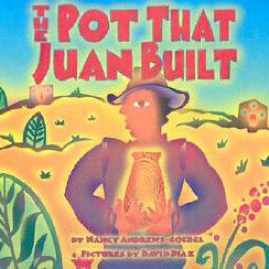 illustrated cover of The Pot That Juan Built showing man in the desert holding a glowing pot.