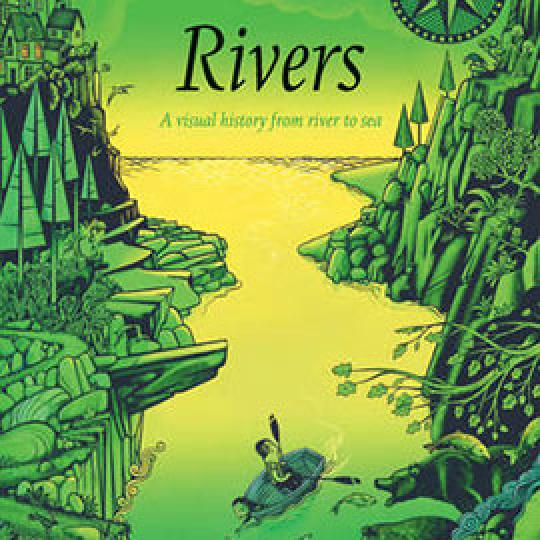 illustrated cover of Rivers showing a person in a canoe going down river opening to ocean.