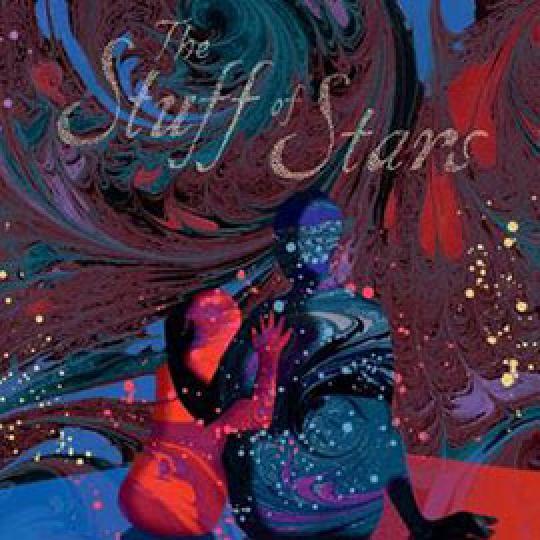 illustrated cover of The Stuff of Stars showing swirls of red and blue and two figures.