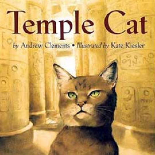 cover of "Temple Cat" showing cat in front of columns with hieroglyphs on them