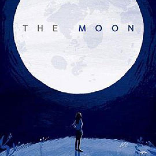 illustrated cover of The Moon. It shows a girl looking up at the large moon.