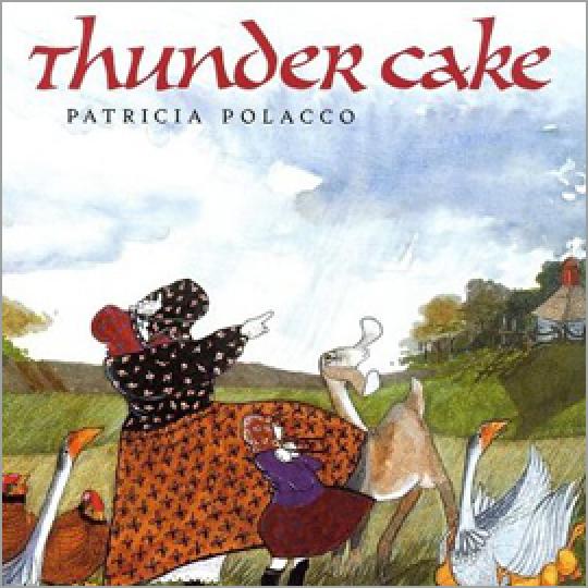 cover of "Thundercake" showing woman and child in bonnets point at sky