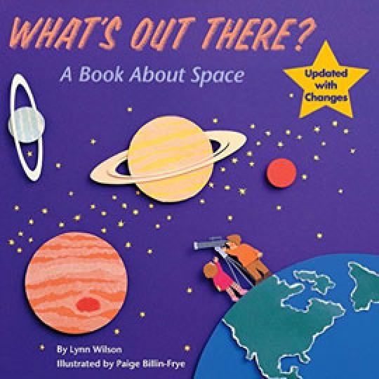 illustrated cover of "What's Out There" showing planets and two people looking up from earth