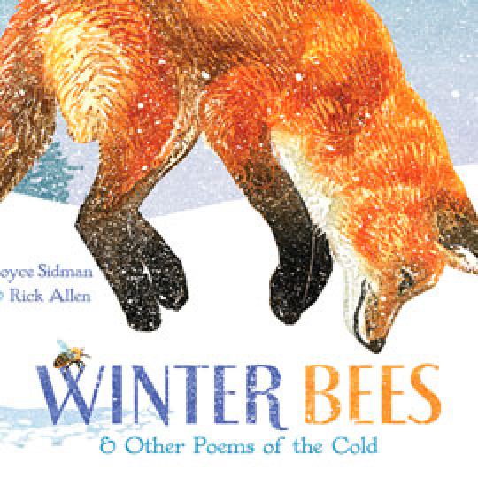 cover of "Winter Bees" showing a bee and a fox jumping in the snow
