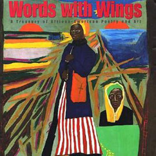 painted cover of Words With Wings showing two women in front of sunsets.