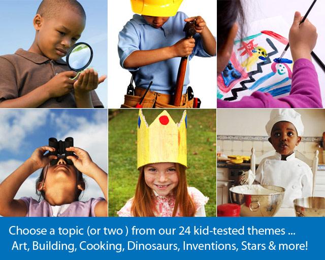 photos of six children doing different tasks, like painting, cooking, and using magnifying glass.