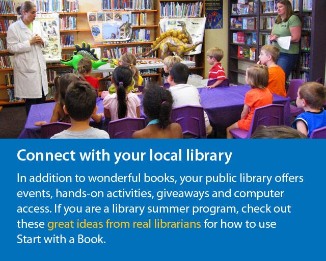 young children watching presentation on dinosaurs and text says Connect with your local library.