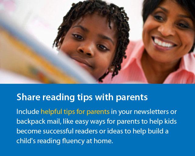 woman and boy reading and text "Share reading tips with parents".