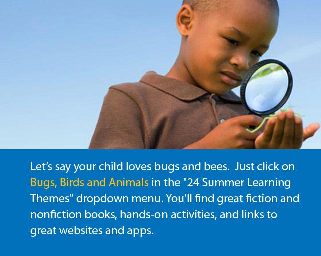 young boy looking at something in his palm wih magnifying glass.