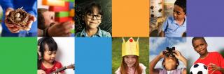 Blocks of photos of children doing activities.