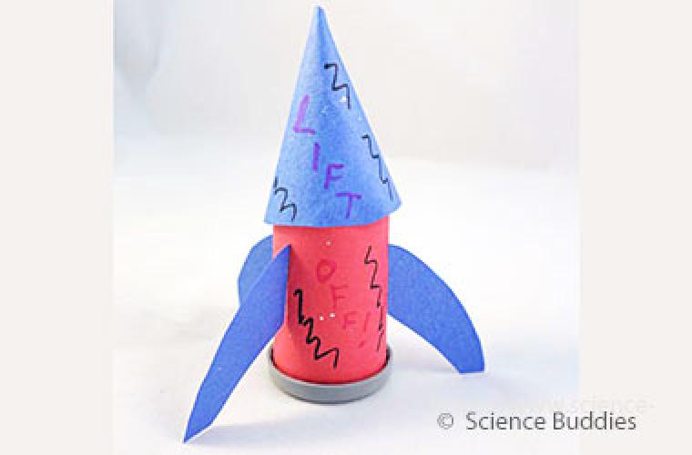 a homemade blue and red baking soda vinegar rocket