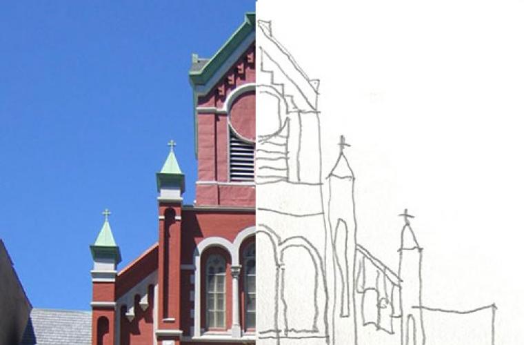 split photo and illustration of a red brick building