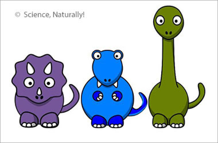 a purple, a blue, and a green dinosaur standing in a line. They are all different types and heights.