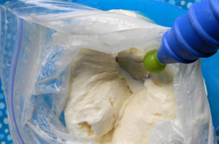 a ziplock bag full of ice cream