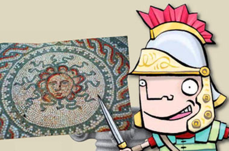 illustration of a centurion pointing a a photo of a mosaic