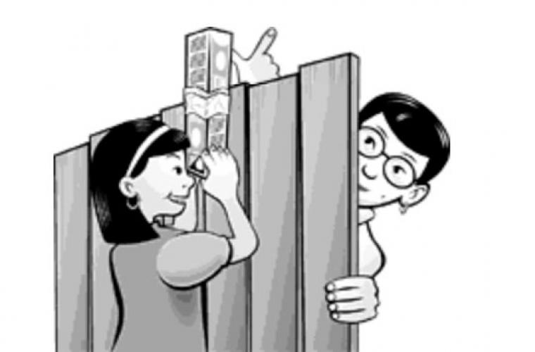 drawing of a child using a DIY periscope to look over a fence