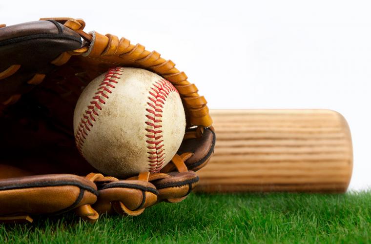 close-up of baseball and bat on the grass
