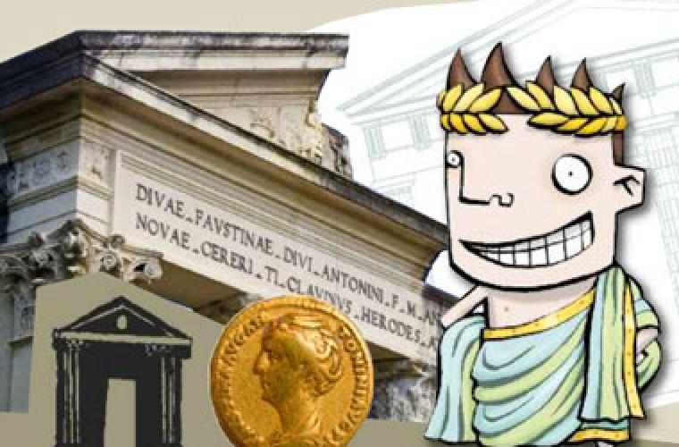 illustration of a Roman in front of a photo of a museum