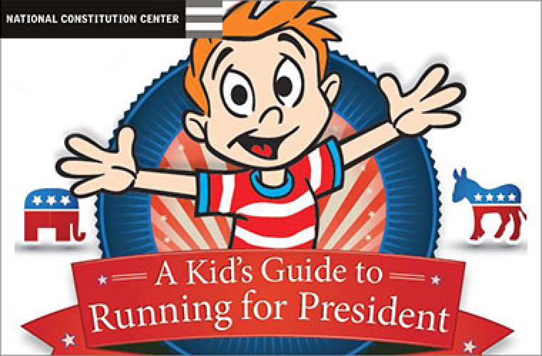 red, whiet, and blue illustrated cover of A Kid's Guide to Running for President showing smiling boy 