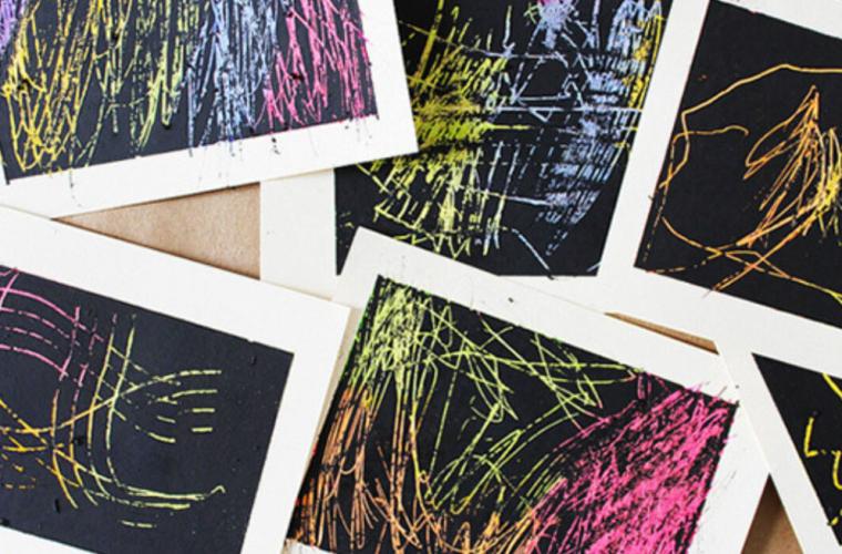 kids' drawings made with scratchboard