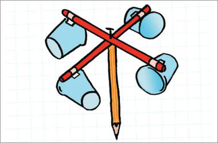 An illustration of four sticks attached to the top of a pencil and there is a plastic cup attached to each stick.