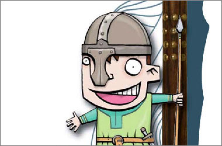 cartoon drawing of a boy in a viking helmet