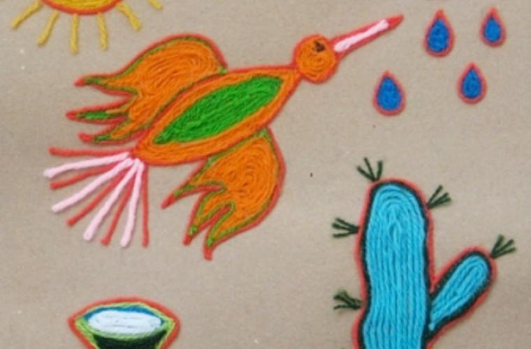 art showing bird, rain,  and sun made of yarn