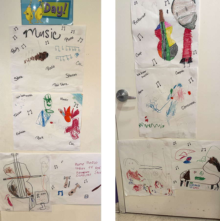 Colorful children's collage and drawings for a music mural