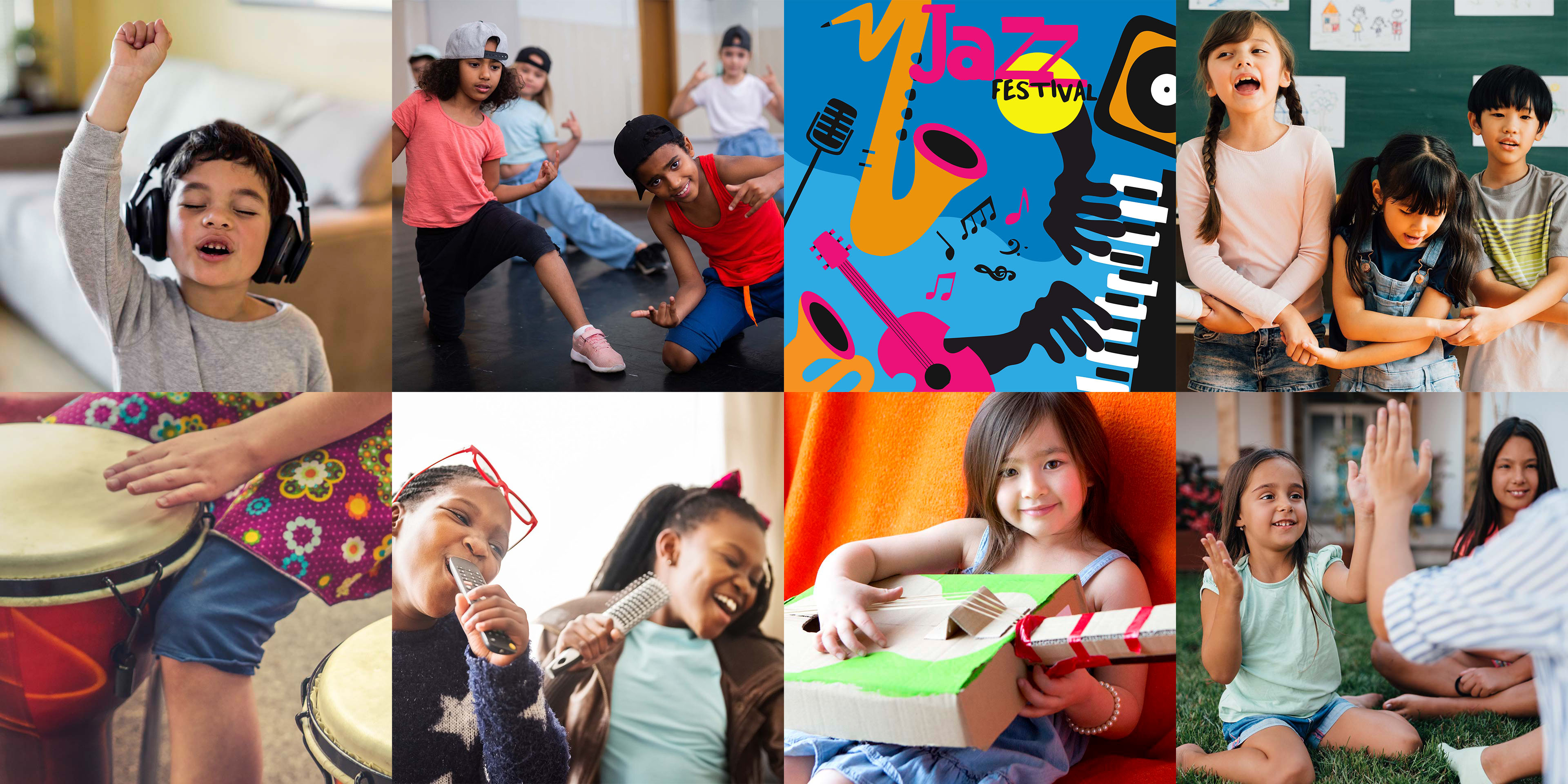 Mosaic of multicultural kids doing music-related activities