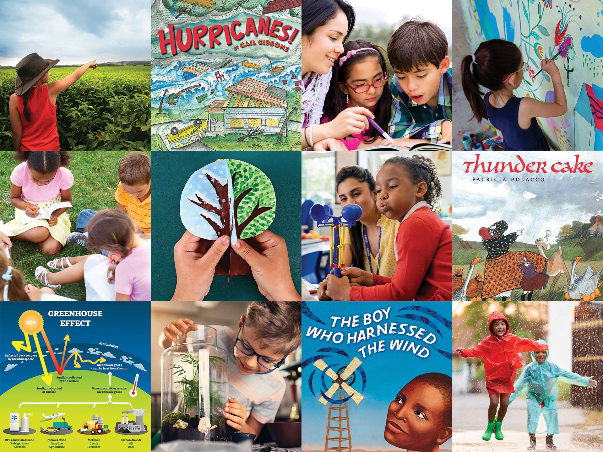 Collage of images related to weather and climate studies with kids